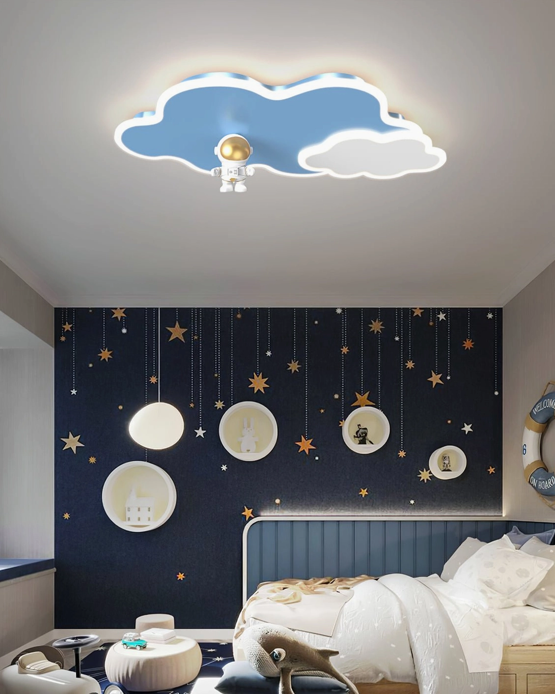 Nuages cloud ceiling lamp above kids activity table creating focal point and ambient lighting