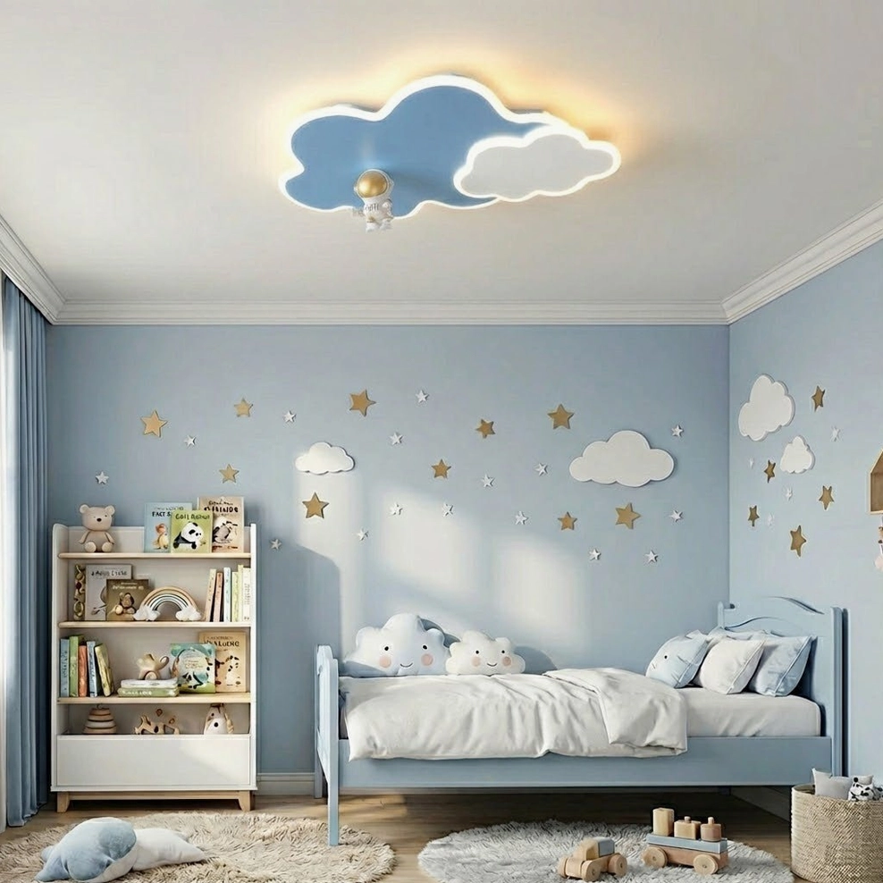 Nuages ceiling light mounted above kids single bed with star wall stickers and warm ambient glow
