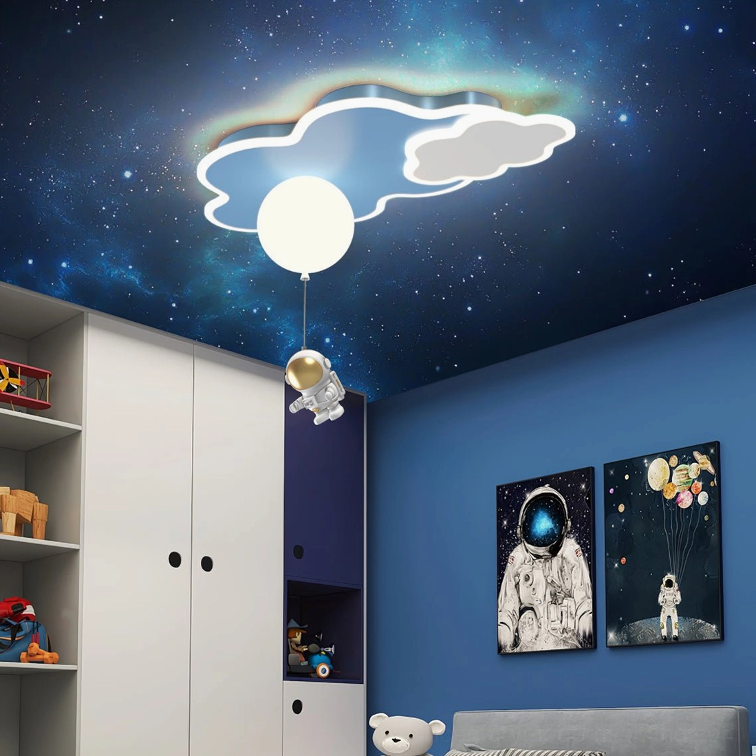 Nuages cloud ceiling lamp with coordinating blue and white interior design styling