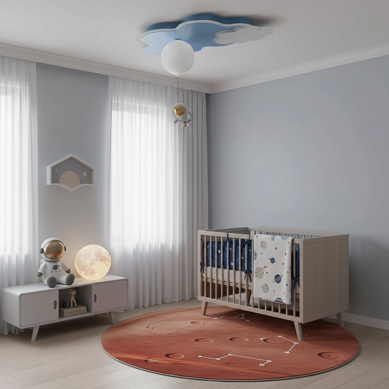 Nuages cloud ceiling lamp installed in contemporary kids bedroom with minimalist aesthetic