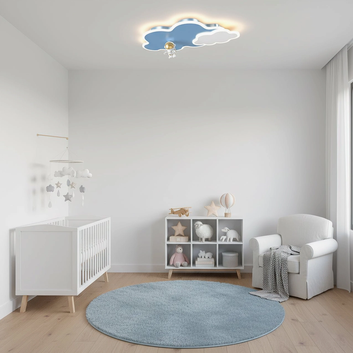 Nuages cloud ceiling lamp in minimalist kids play area with light blue toned decor and clean design