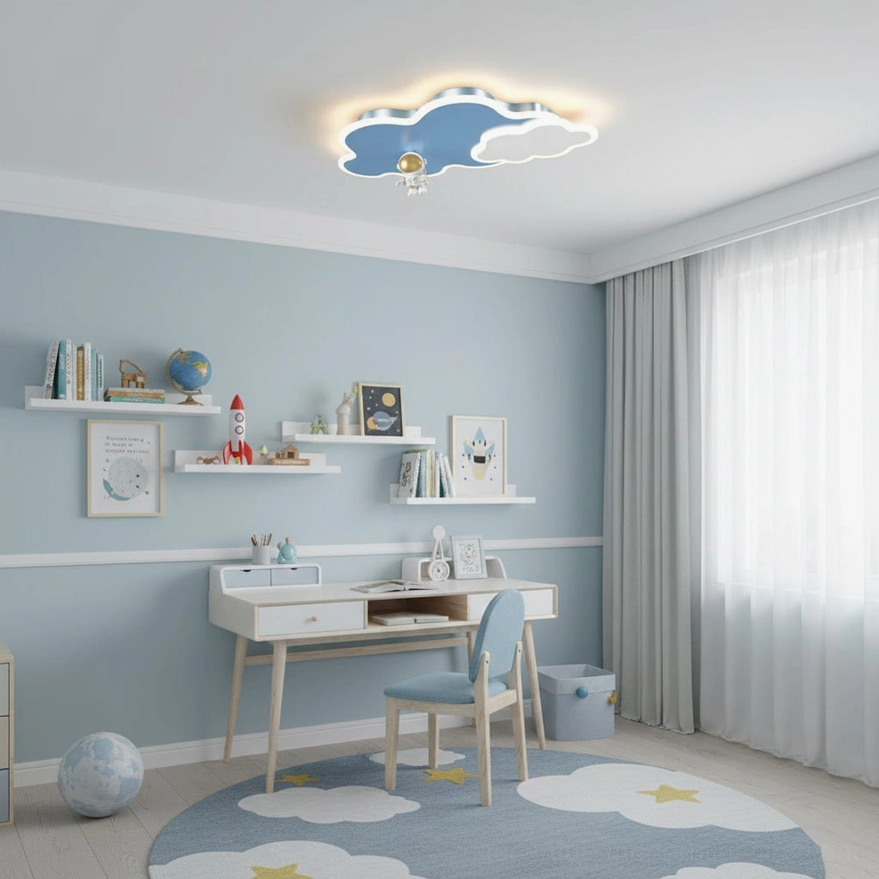 Nuages cloud ceiling lamp in kids study bedroom with floating shelves and light blue walls