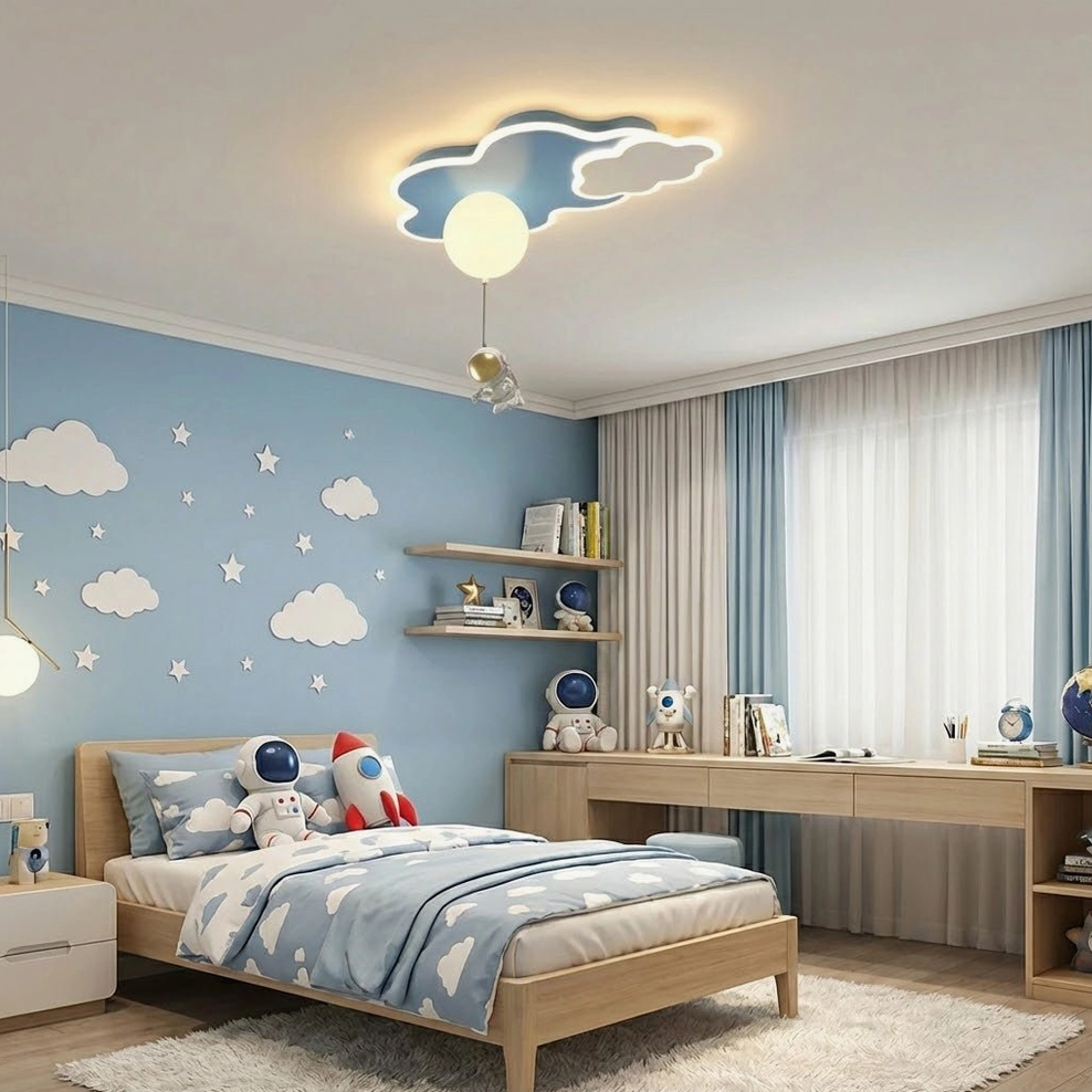 Nuages cloud ceiling lamp in wooden kids bedroom with cloud wall decals and space themed bedding
