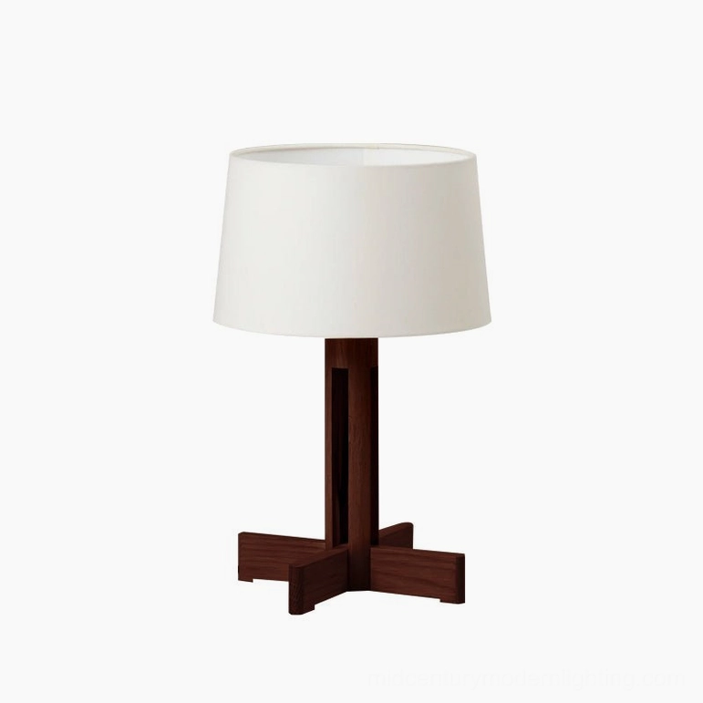 Natural oak wooden table lamp with white linen shade, minimalist silhouette front view