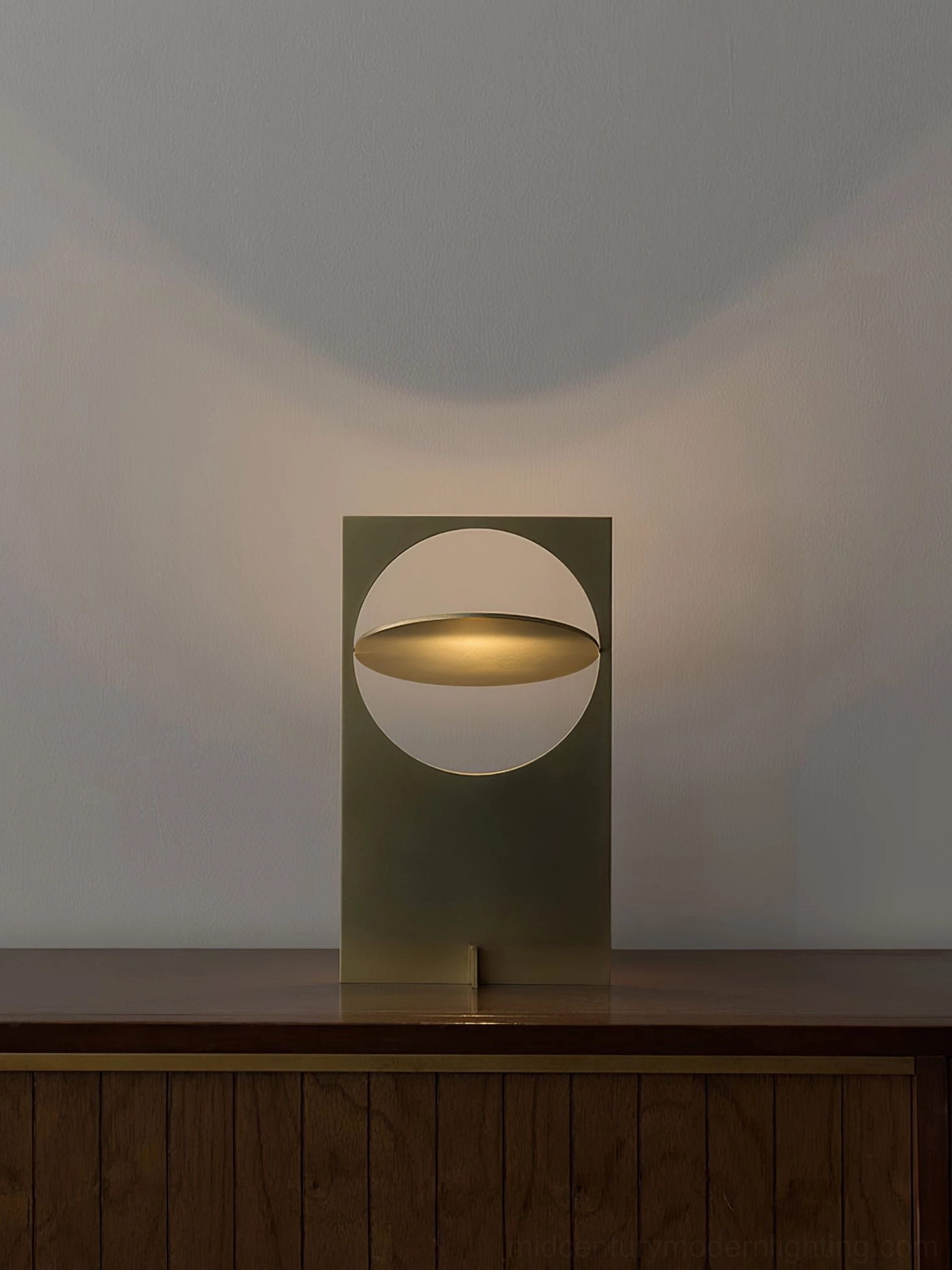 OBJ 01 table lamp close-up of base, illuminated warm glow, minimalist brutalist design aesthetic, architectural lighting details