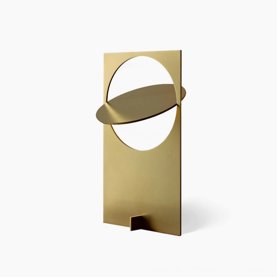 OBJ 01 table lamp brushed old copper color with USB plug, illuminated warm light, complete product view, ready for use