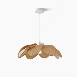 Odilia handwoven rattan pendant light with layered petal design, natural bohemian finish, overhead studio view showing full sculptural form