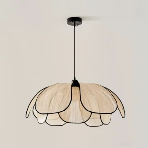 Okai mid-century modern pendant lamp three-quarter angle showing layered petal design and metal hardware detail