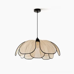Okai petal pendant lamp front view with matte black metal frame and beige abaca fiber, displayed against white studio background