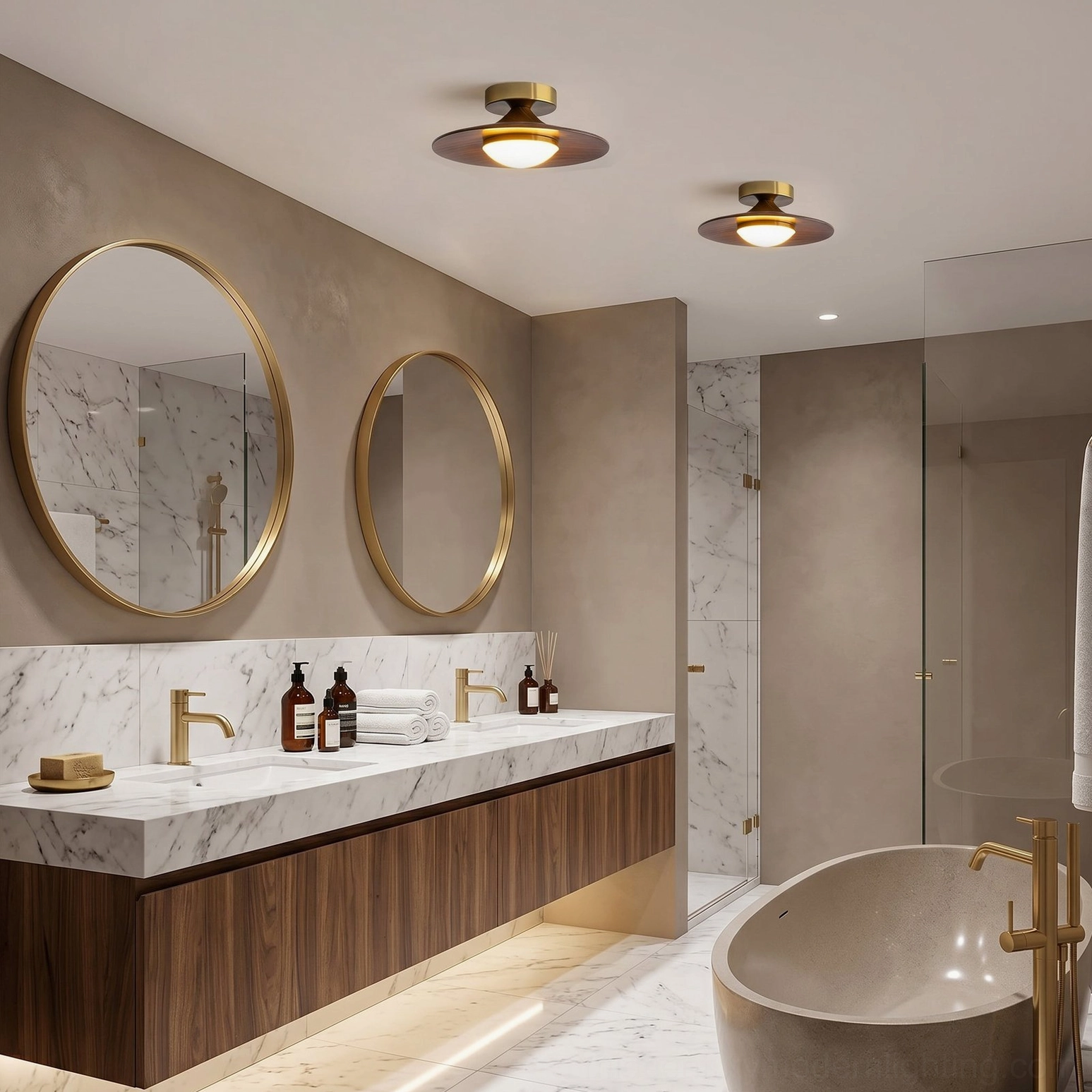Olav ceiling lamp modern luxury master bathroom with marble finishes and gold mirrors