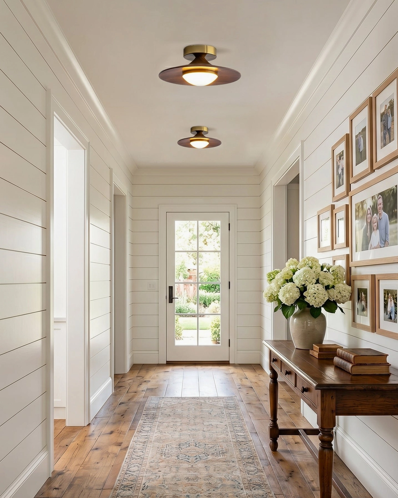 Two matching Olav flush ceiling lamps modern farmhouse hallway bright natural lighting