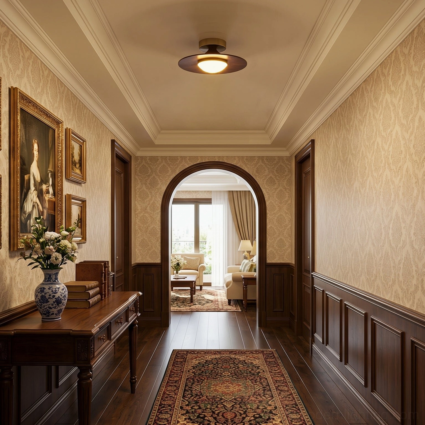 Olav ceiling lamp luxury traditional dining foyer entryway with brass accents and wood wainscoting
