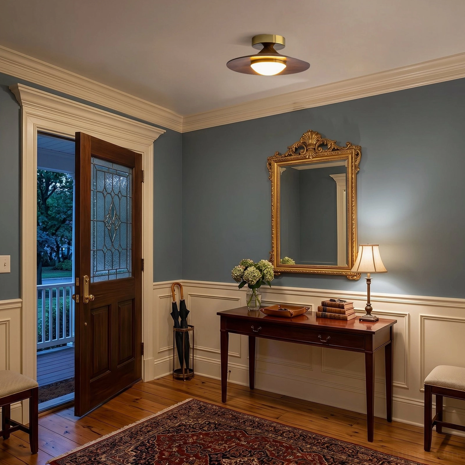 Olav semi-flush ceiling fixture traditional American entry foyer with ornate gold vanity mirror