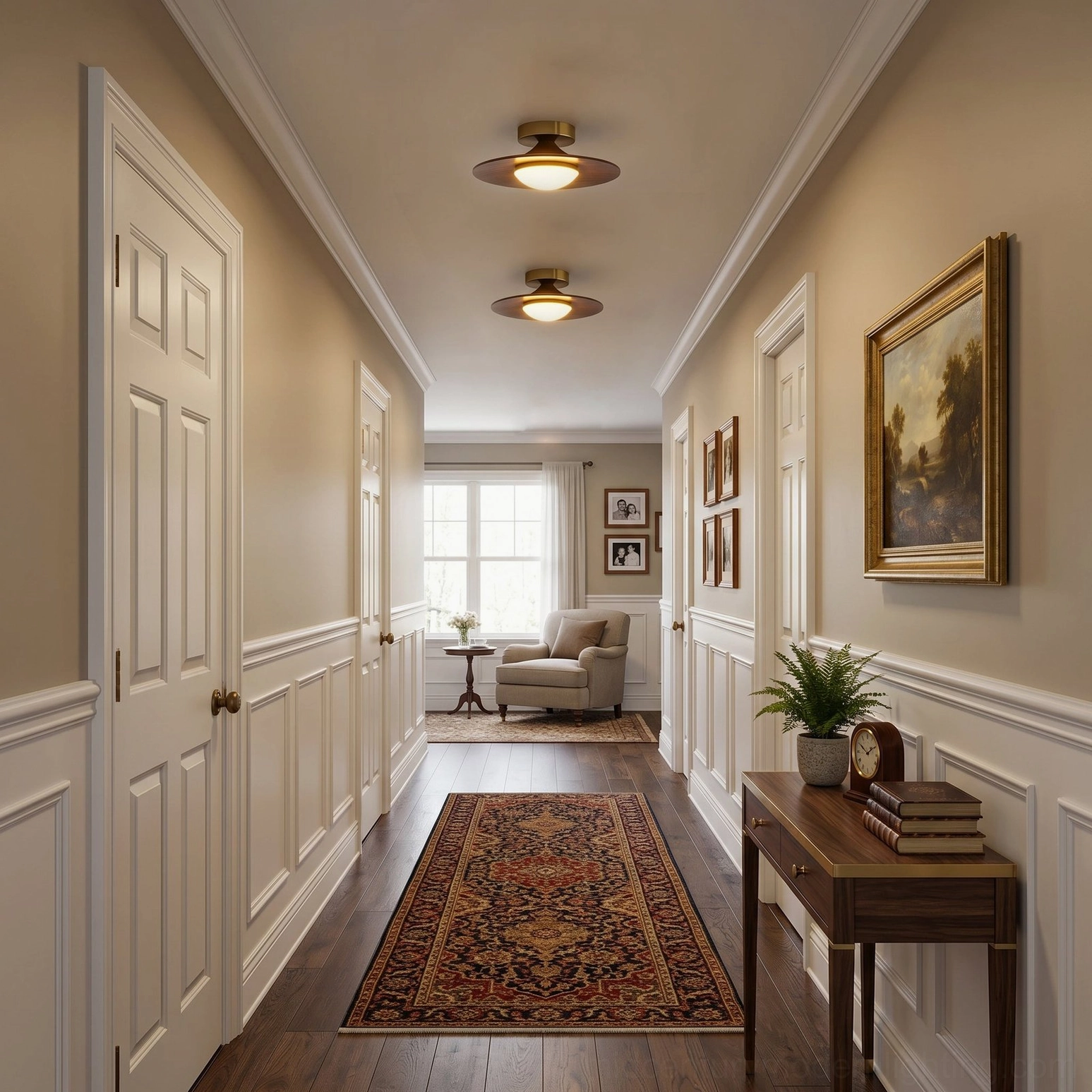 Pair of Olav flush ceiling lamps classic residential hallway with framed wall art and decorative trim