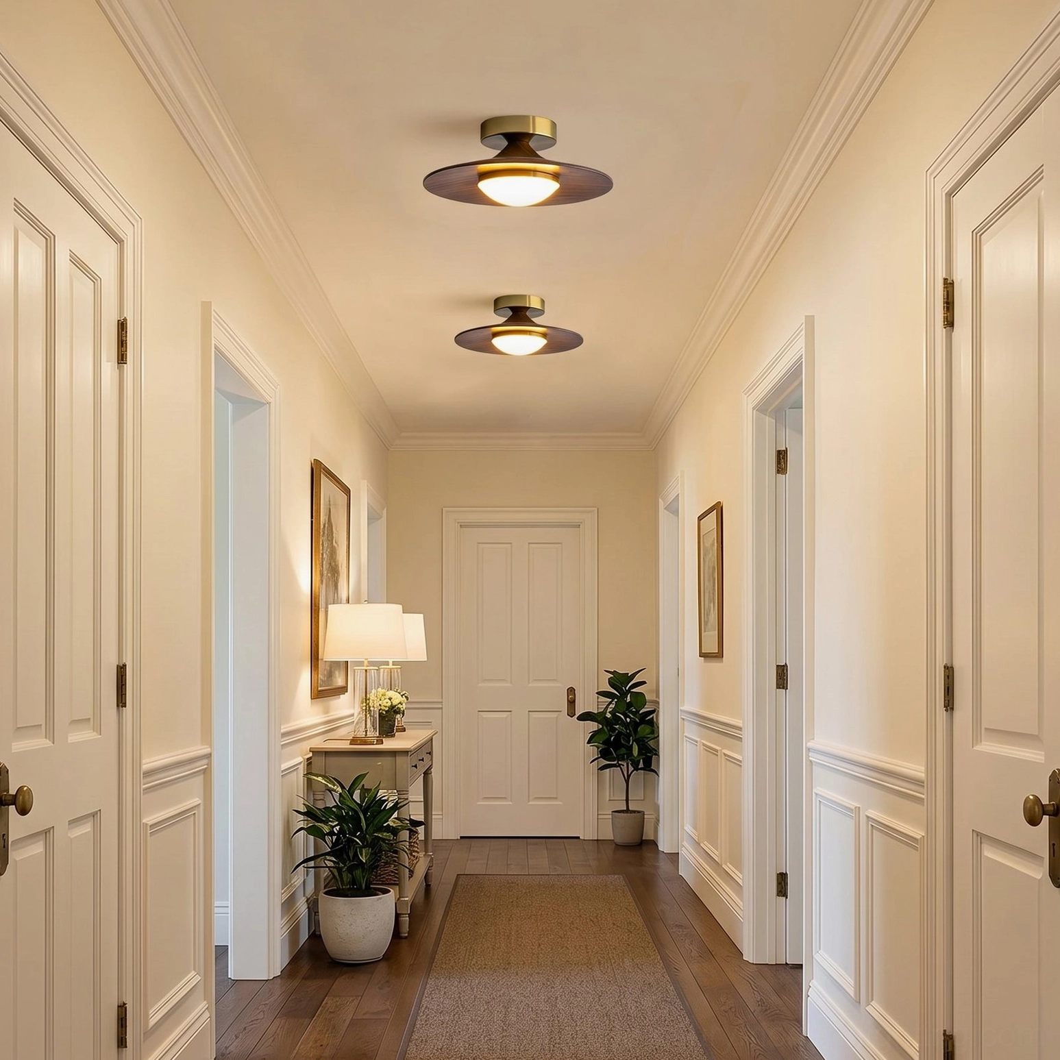 Olav semi-flush ceiling lamp pair installed in traditional American residential hallway with white walls