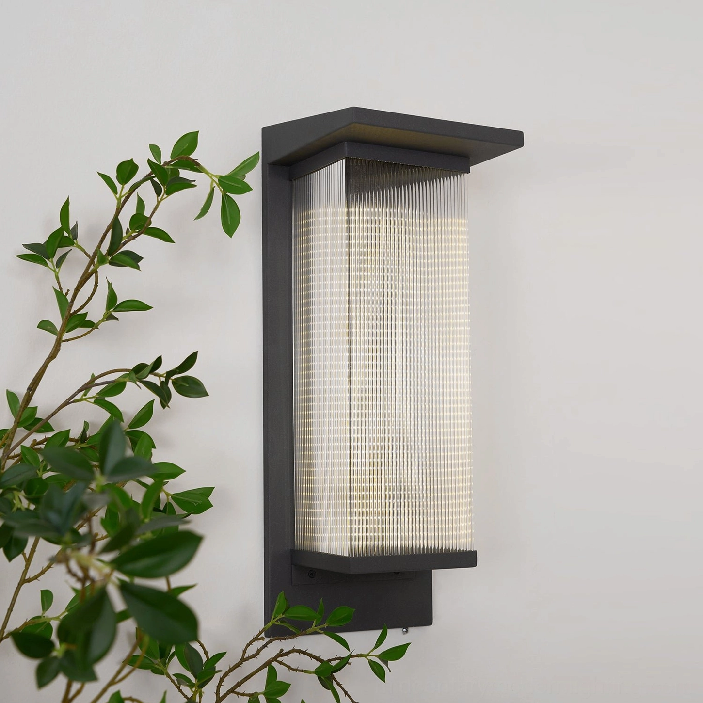 Oleron Box outdoor wall fixture right side view, geometric black frame, ribbed glass shade, modern minimalist design with green plants