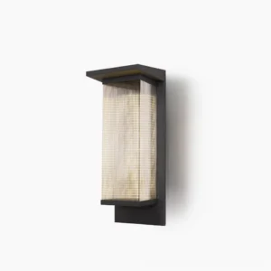 Oleron Box outdoor wall lamp frontal view, matte black minimalist design with ribbed glass diffuser, architectural mid-century modern lighting fixture