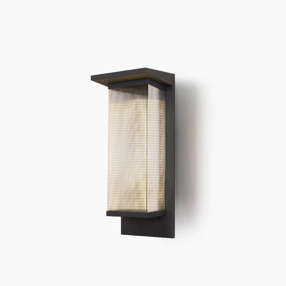 Oleron Box outdoor wall lamp frontal view, matte black minimalist design with ribbed glass diffuser, architectural mid-century modern lighting fixture