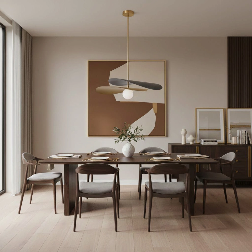Olivia chandelier pendant installed in formal dining room with abstract wall art