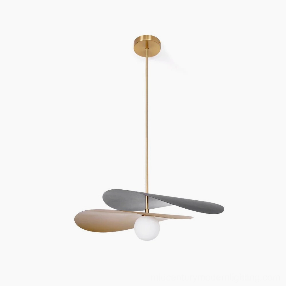 Olivia mid-century pendant light with sculptural leaf petals and brass rod, studio overhead view