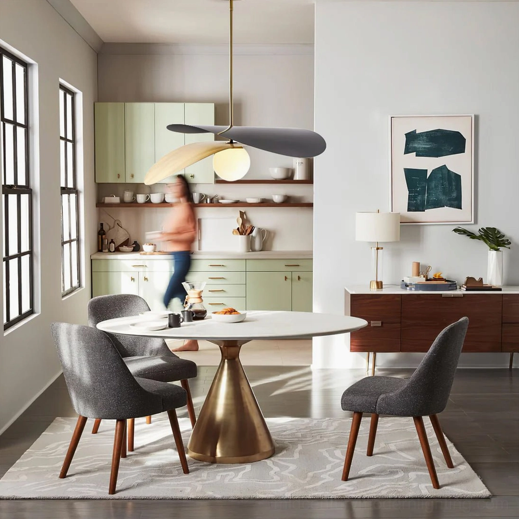 Olivia pendant light color finish options showing gold and black brass with cream and grey petal choices