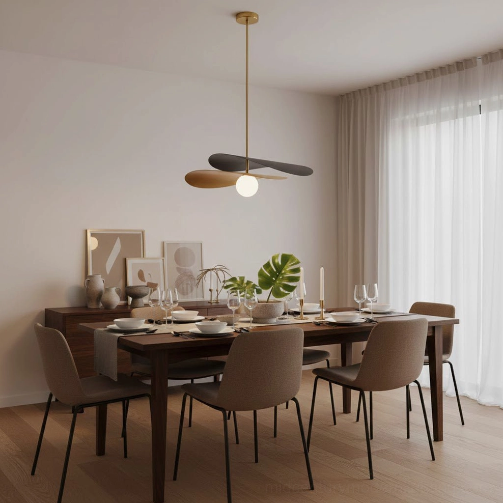 Olivia mid-century pendant light in warm contemporary dining space with wood table setting