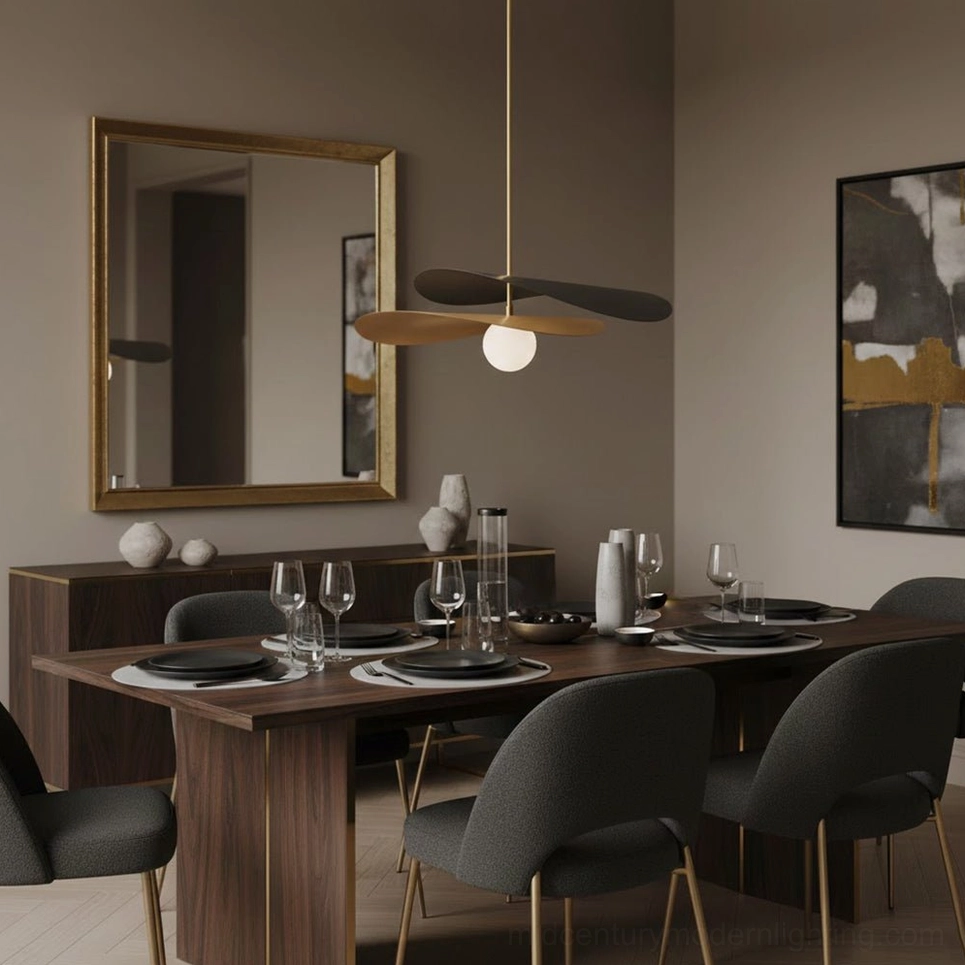 Olivia pendant light above dining table with gold mirror and arranged tableware decor