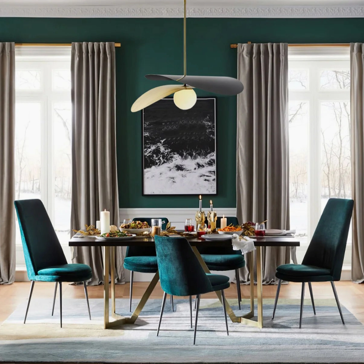 Olivia chandelier in entryway foyer showing sculptural silhouette and mid-century modern design