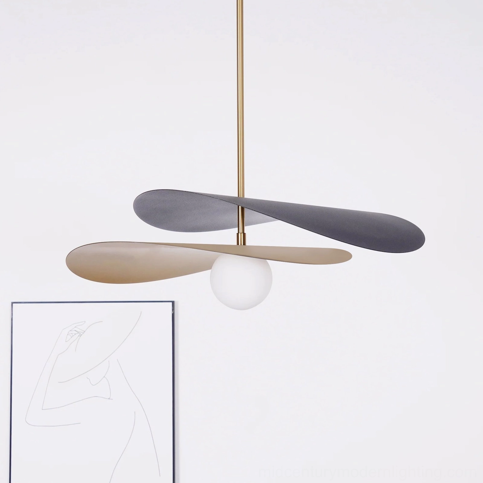 Olivia mid-century pendant light full fixture view with frosted glass globe and metal petals