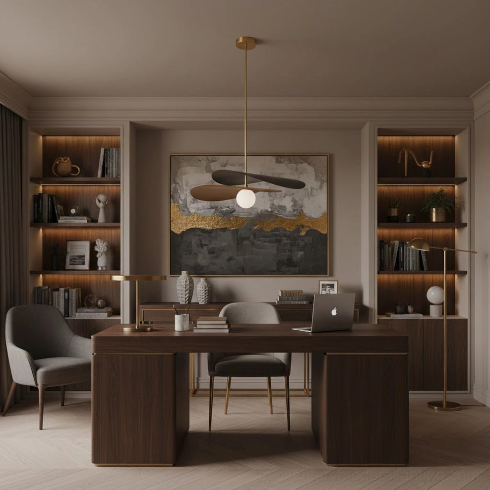 Olivia sculptural pendant light in luxury home office with minimalist dark wood interior