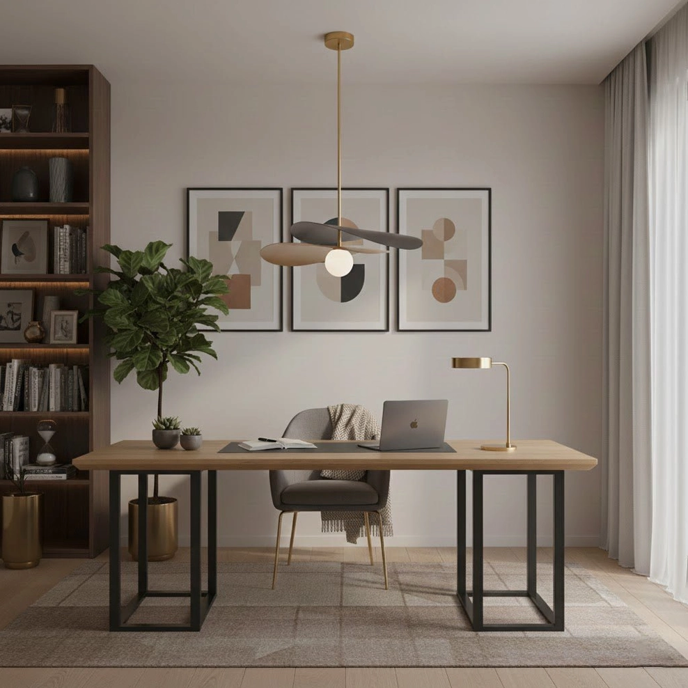 Olivia ceiling pendant light in contemporary home office with potted plant and wall art