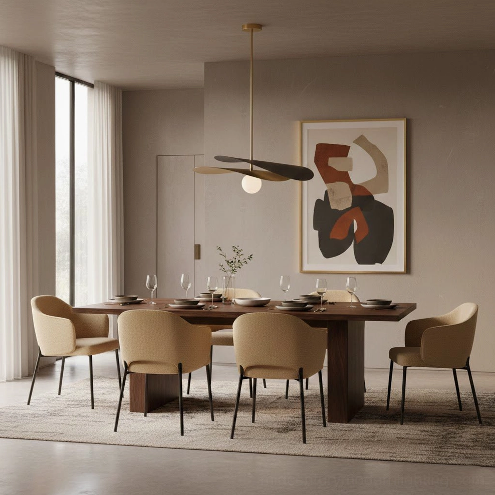Olivia mid-century pendant light in bright minimalist dining area with neutral wall decor