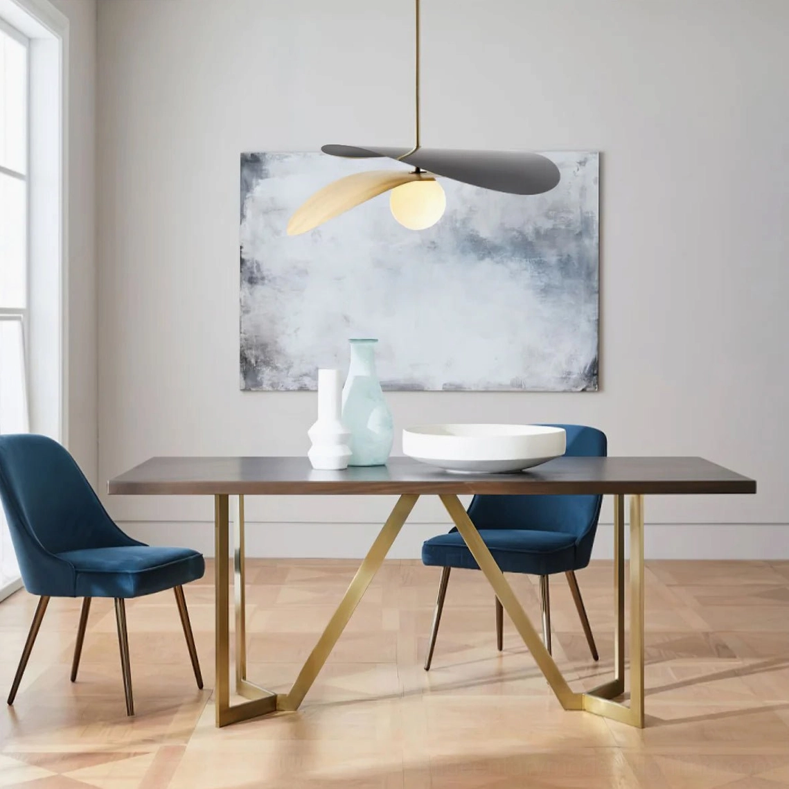 Olivia ceiling pendant light installed in modern mid-century dining room with side view