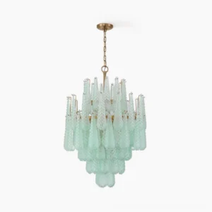 Ollie teardrop glass chandelier in clear with brushed gold frame against white background, full frontal view