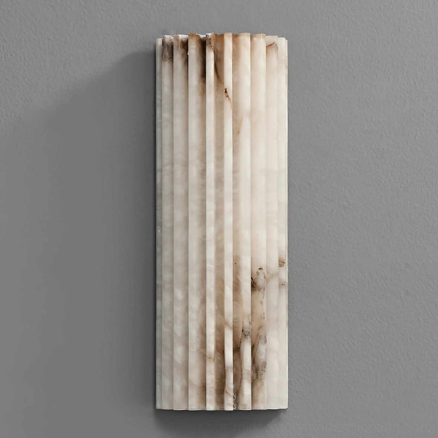 Unlit Ondas alabaster wall lamp front view, creamy beige with brown natural veining and vertical ribbed design