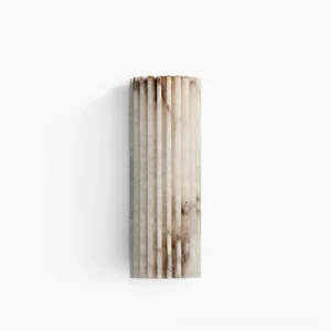 Ondas alabaster wall sconce with fluted wave design, front view showing creamy white stone and natural brown veining against studio background