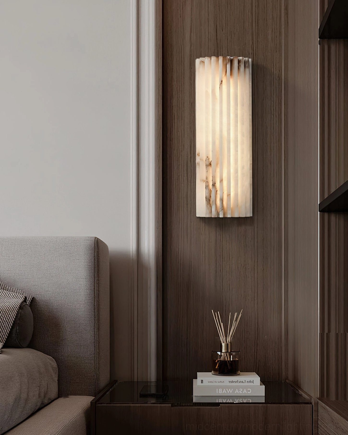 Ondas alabaster sconce detail showing wave-inspired fluted design and light diffusion through stone