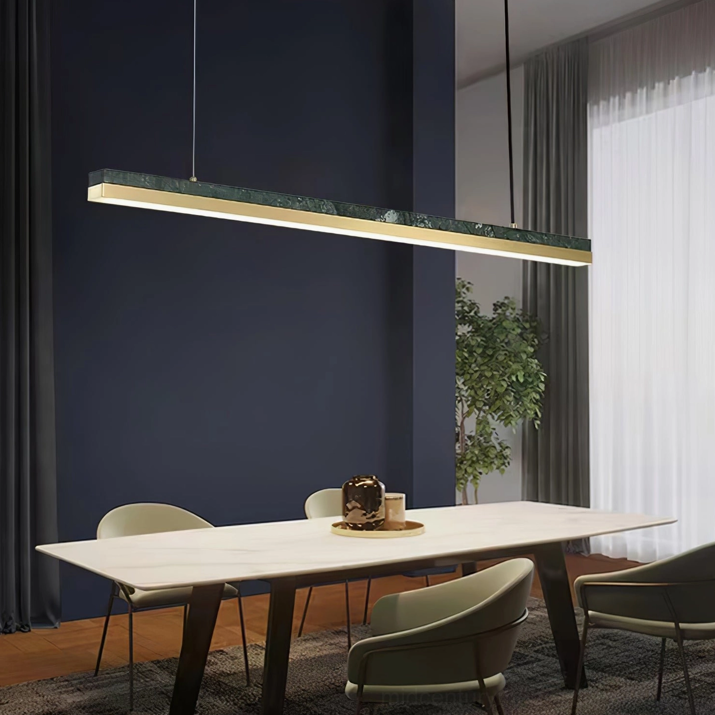 One Word pendant light brass finish detail and marble edge profile, premium craftsmanship showcase