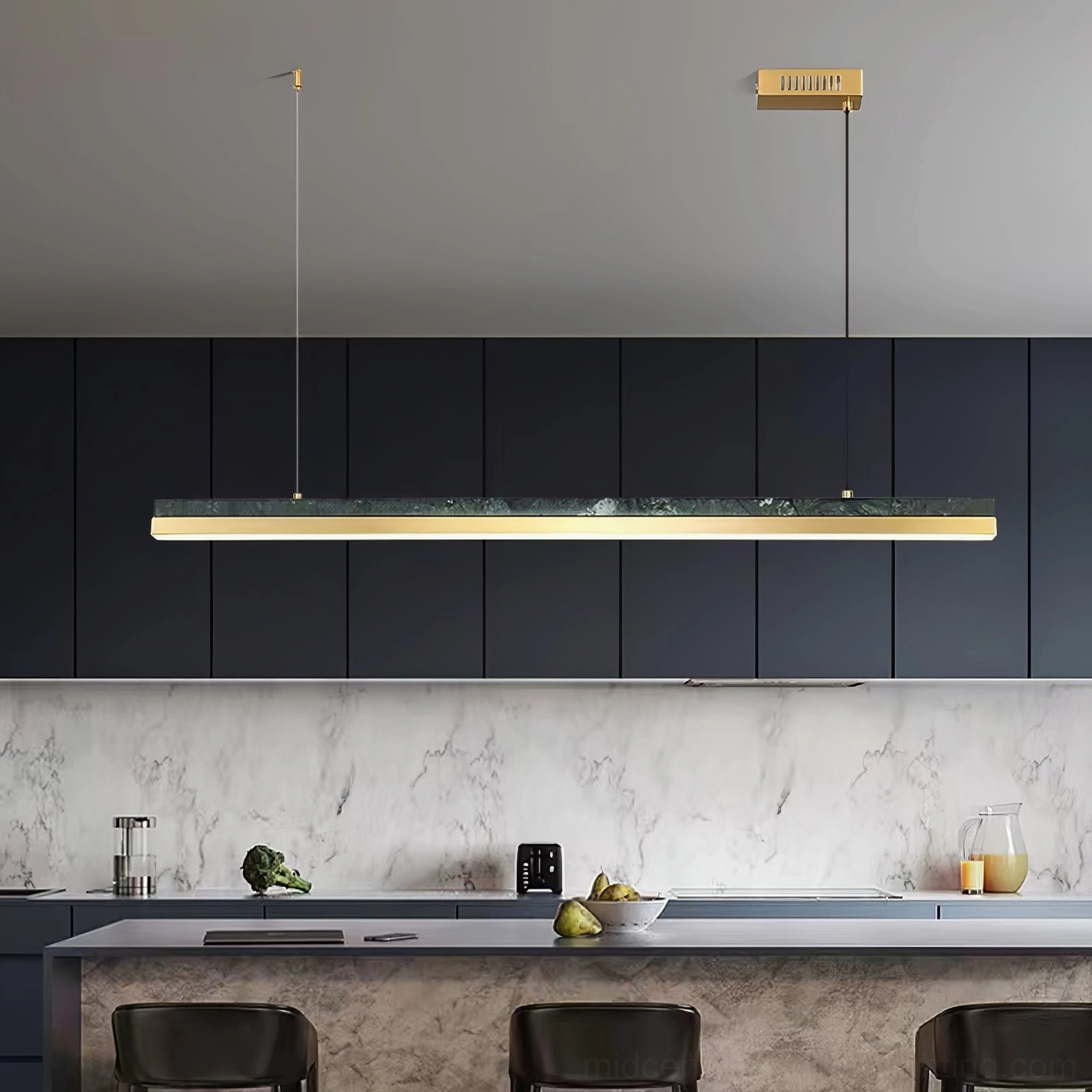 One Word pendant light suspended over kitchen counter with open shelving and modern appliances