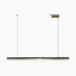 One Word linear pendant light with Indian green marble and brass finish, front view of minimalist LED fixture