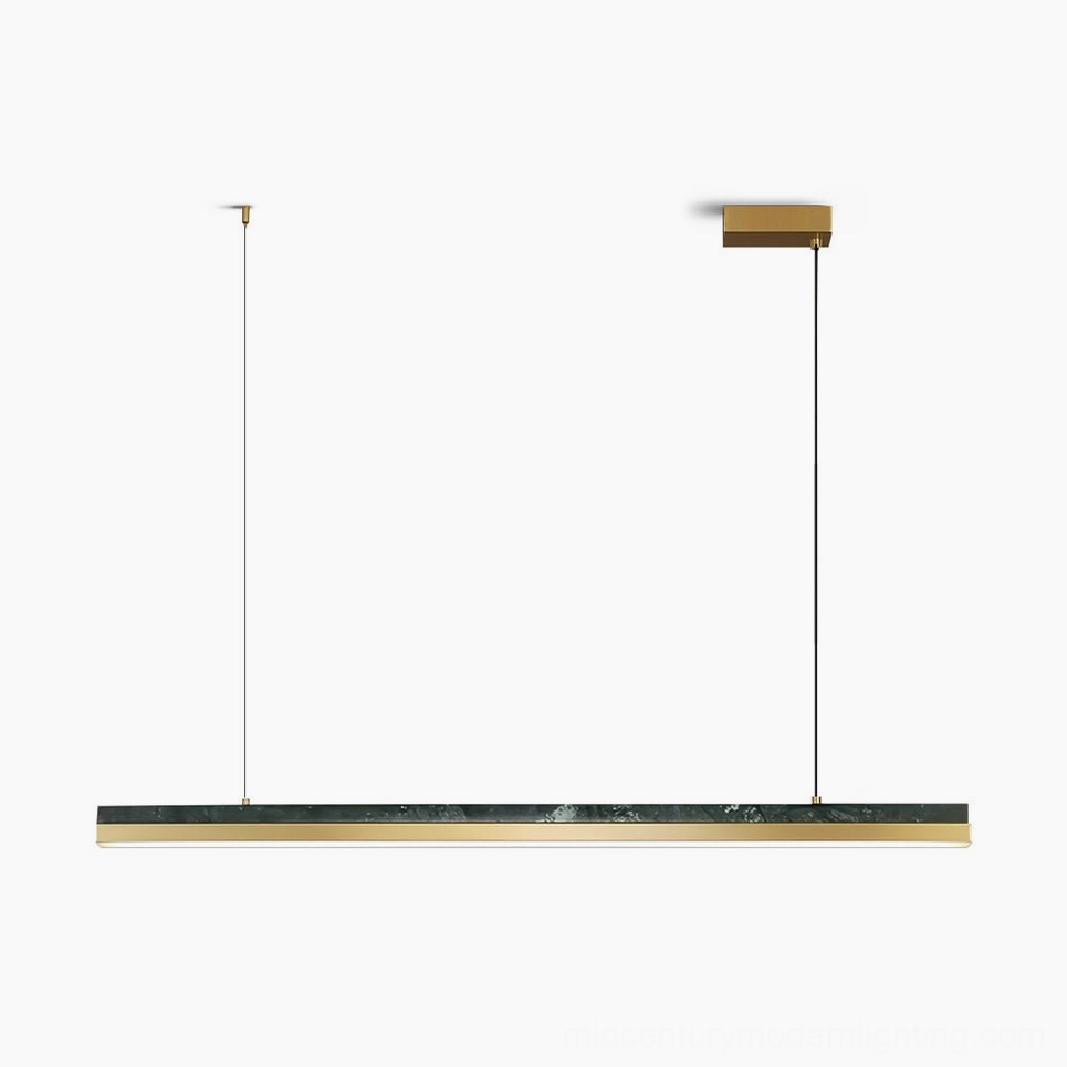 One Word linear pendant light with Indian green marble and brass finish, front view of minimalist LED fixture