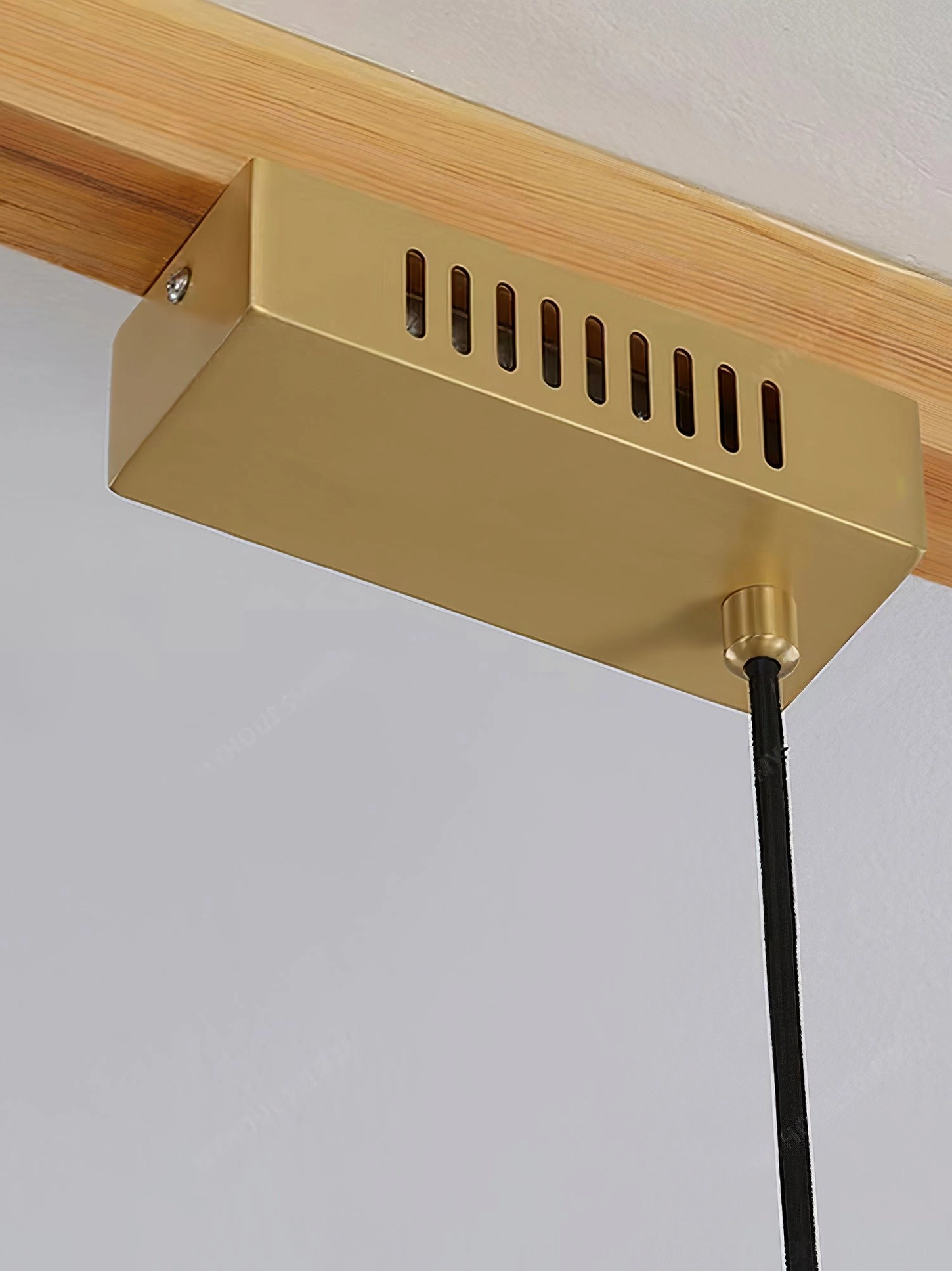 One Word pendant light ceiling mount base with brass finish and suspension cord detail, close-up view