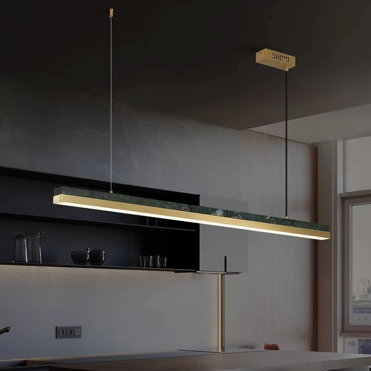 One Word pendant light size comparison and scale, marble lighting fixture dimensions reference
