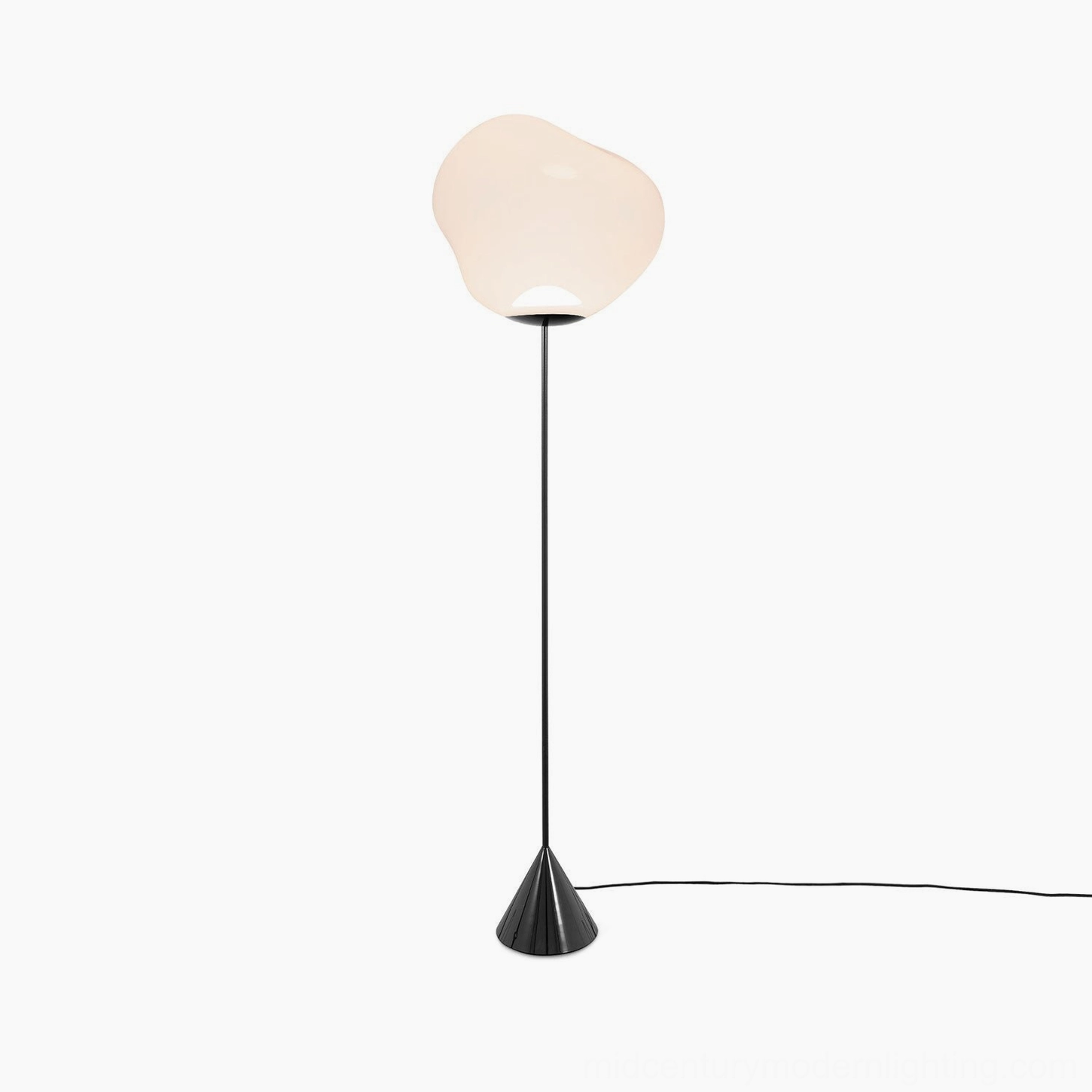 Opal white Lava Slim Floor Lamp with visible power cord and slim black pole base on neutral background