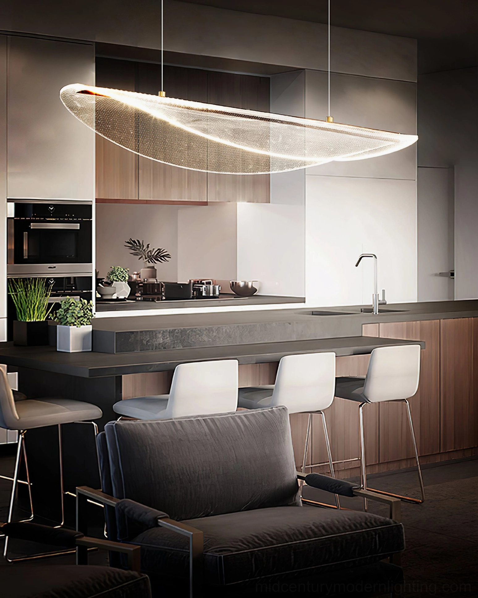Warm light floating pendant in open-plan kitchen living space with contemporary interior
