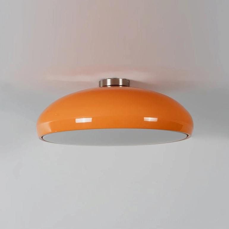Glossy orange semi-flush ceiling light with polished chrome hardware details and disc-shaped design, studio product photography