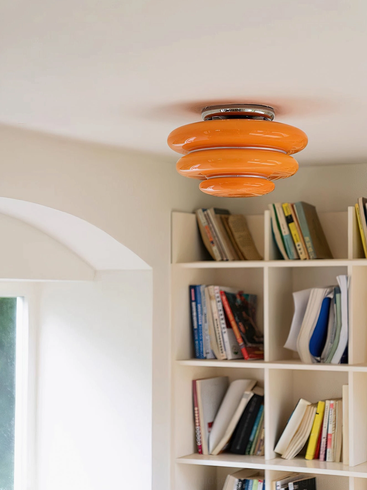 Orange ceiling flush mount glossy glass library corner lighting fixture