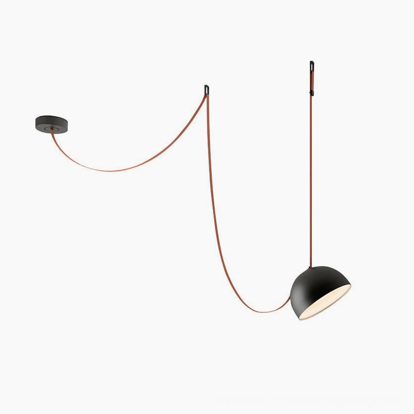 Orange metal shade leather sling pendant lamp in minimalist modern interior space