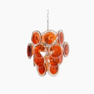 Orange Murano glass disc chandelier front view minimalist mid-century modern