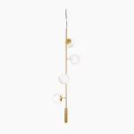 Orb pendant light with frosted glass globe and brass rod, front view on white background